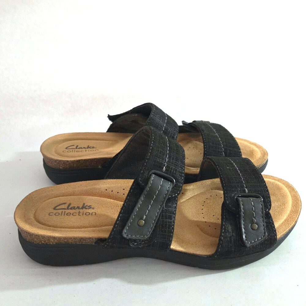 Clarks Collection April Dusk Black Double Strap Slip On Comfort Sandals Sz 8W